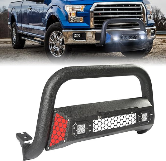 Bull Bar Fit for Ford F150 2004-2025 with LED Light & w/License Plate Bracket DIY Paintable Truck Front Bumper Brush Push Bar Front Grille Guard Protector