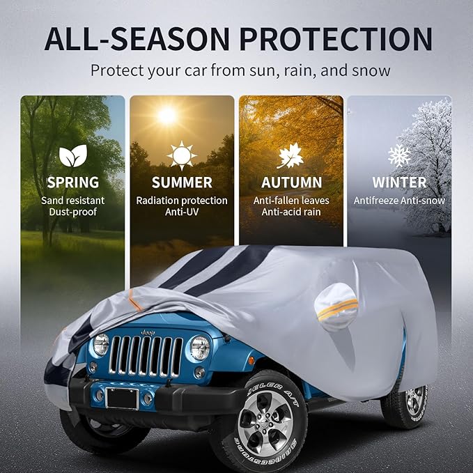 10 Layers Car Cover Custom Fit for Jeep Wrangler 4 Dr/Unlimited 4 Door JK JL 100% Waterproof All Weather Automobilesl, Heavy Duty Car Covers for Rain Sun UV Protection with Door Zipper.