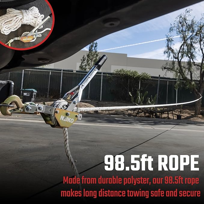 NEIKO 02250A Rope Puller, 3/4-Ton (1,500 lbs) Pulling Capacity, 98Ft, 2 Hook, Heavy Duty Power Cable Come Along Tool with Dual Gears, Hand Winch Cable, Automotive Hoist Winch Puller, Recovery Gear
