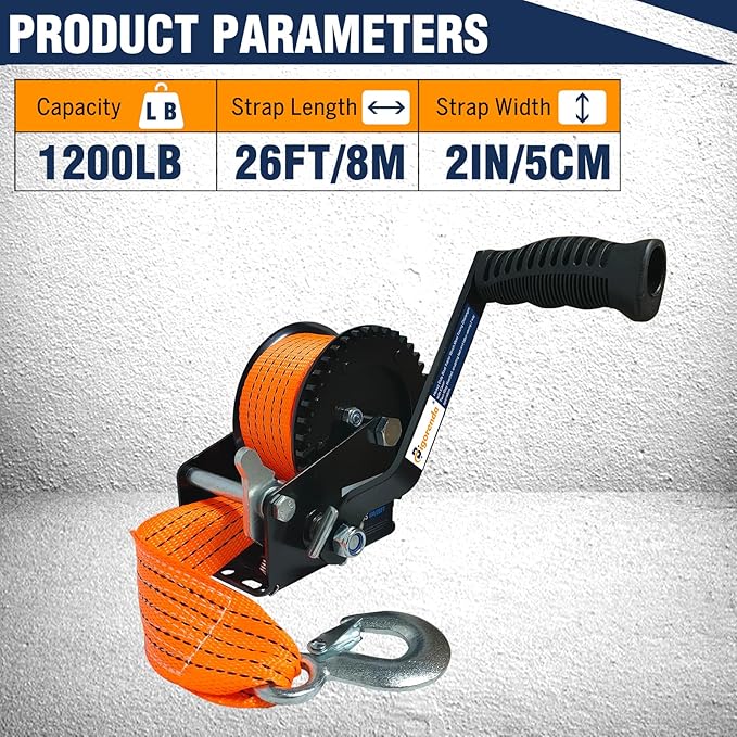 1200LBS Heavy Duty Boat Trailer Winch, 2-Way Ratchet with 4:1Gear, Boat Trailer Winch with 26FT Strap, Portable Hand Crank Winch for Boat, Trailer,Truck, RV, ATV, Jet Ski