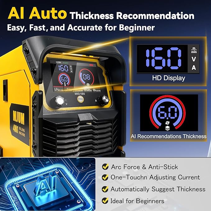 160A 4-in-1 AI Welding Machine: Dual Voltage 110V/220V Gas MIG/Flux Core/Lift TIG/Stick Welder – Smart Synergic Control IGBT Inverter HD LED Display for Home Repair Auto Restoration Metal Fabrication
