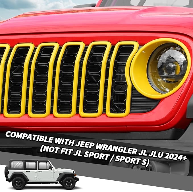 Jimen for 2024 Jeep Wrangler 4xe grill inserts, 9PCS Headlight Cover & Grille Insert Compatible with Jeep Wrangler JL JLU 2024+, NOT FIT JL Sport/Sport S (Yellow)