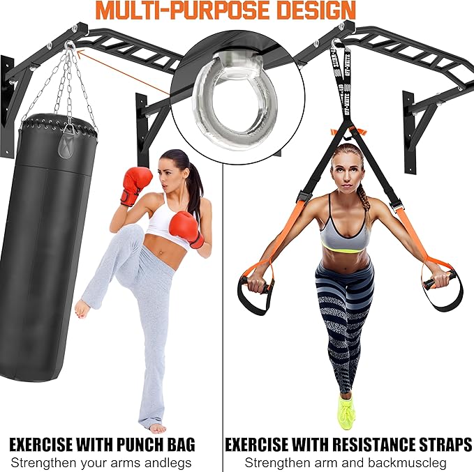 Upgraded-HWOOUSA Pull Up Bar Wall Mounted,Heavy Duty Multi Grip Bar with 14 Grip Positions,Space Saving Home Gym Equipment -Ideal for Garage,Outdoor Strength Training, Chin Up Bar,Supports to 600 Lbs