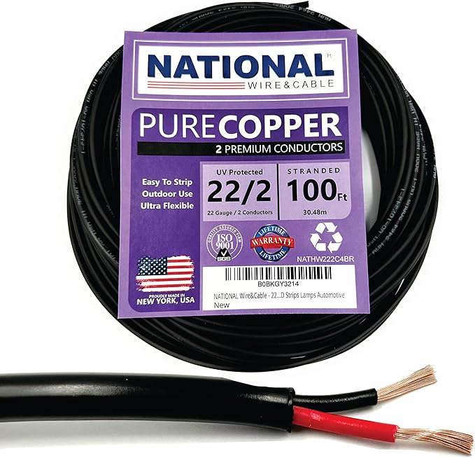 NATIONAL Wire & Cable – 22 AWG 2-Conductor Premium Copper Wire, 100 ft, Stranded | Made in USA, Flexible Jacket | Electronics, Alarms, Signal Wiring, DIY, Indoor and Outdoor Use