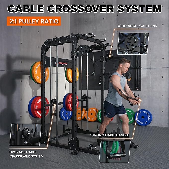Power Rack Home Gym with Aluminum Pulley Set – 2000LB Capacity Multifunction Squat Rack with Cable Crossover, Includes 16 Professional attachments for Home Gym Strength Training, P63 Rampage