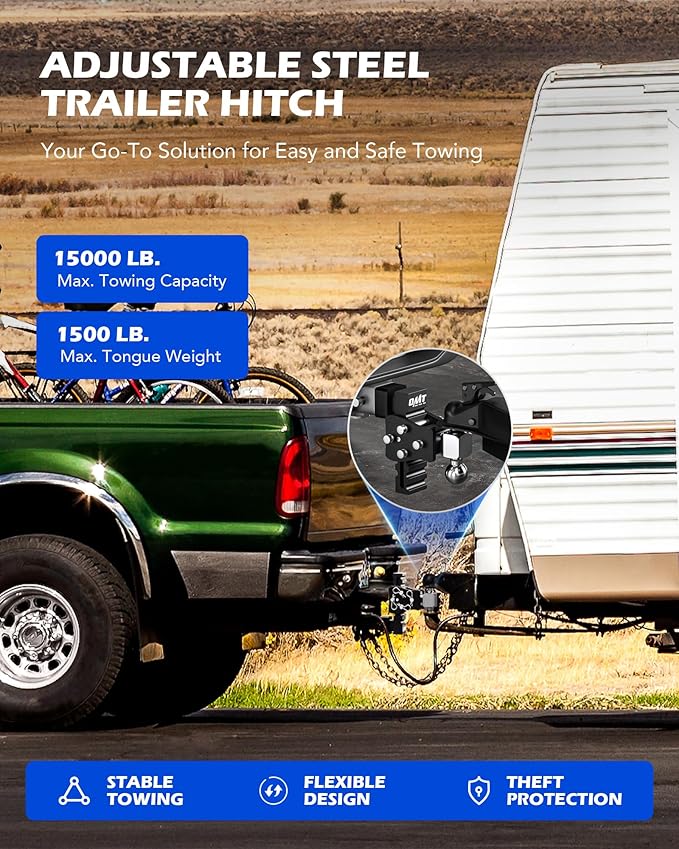 Orion Motor Tech Adjustable Trailer Hitch, Fits 2" Receiver, 5" Drop Hitch with 2" & 2-5/16" Balls, Anti-Theft Steel Tow Hitch Stowable Ball Mount with 15000 lb GTW for Class III & IV Vehicles