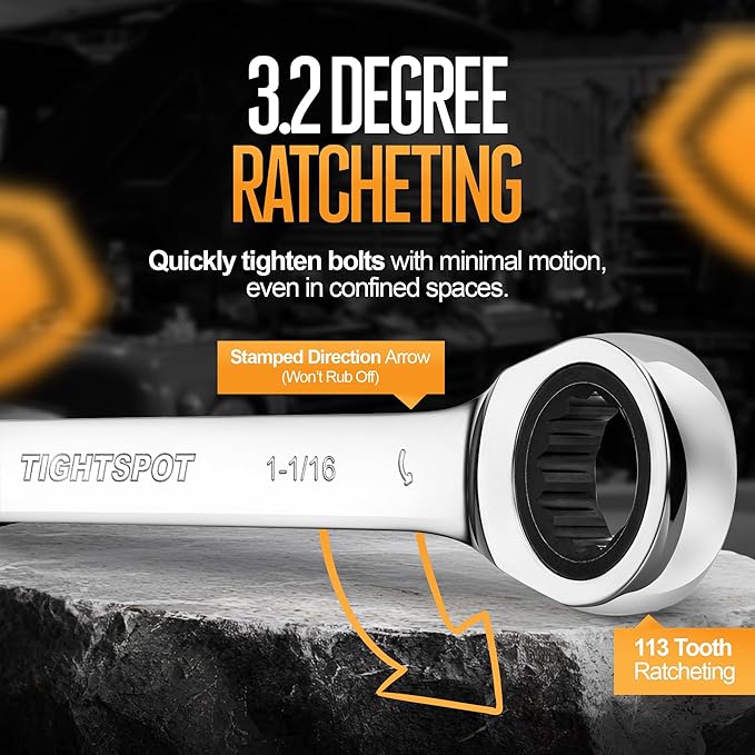 TIGHTSPOT 1-1/16 Inch Ratchet Combination Wrench with Precision Movement and Hardened, Polished Steel for Projects with SAE Tight Spaces
