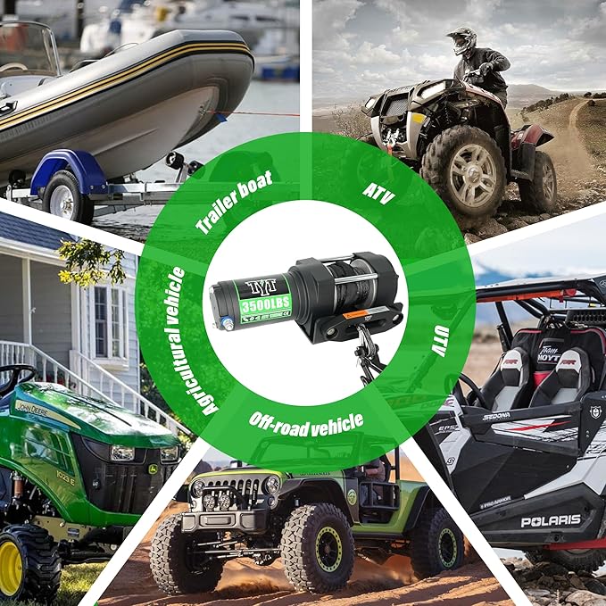 TYT 3500 lb ATV Winch, 12V DC Electric Winch with Wireless Remote and Wired Switch, 7/32"x 30FT Synthetic Winch Rope with Fairlead and Winch Mounting Plate