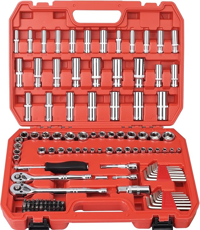 117 Pieces 1/4 and 3/8 inch Drive Socket Ratchet Wrench Set, Metric/SAE Size, with Bit Socket Set and Extension Bar for Auto Repairing and Household, with Storage Case