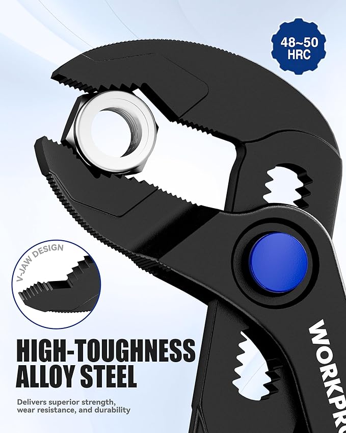 WORKPRO Mini Water Pump Pliers, 4-Inch Groove Joint Pliers, Fast Adjustable Tongue and Groove Pliers with 15-Position Push-Lock, V-Jaw for Multi-Surface Grip, Ideal for Tight Spaces and Versatile Use