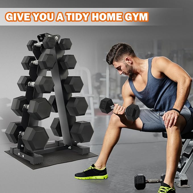 Rubber Encased Hex Dumbbell Set with Rack, 5-20LB or 5-25LB Hand Weights with Anti-Slip Grip for Exercise & Fitness, Dumbbell Weights Set for Home Gym, 100LB or 150LB Set Options