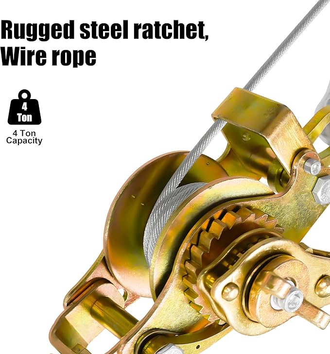 Come Along 4 Ton Cable Winch Puller Double Rope 10 Ft Heavy Duty Hand Puller 8800LB with 3 Hooks Cable Ratchet Puller W/Double Metal Gear for Lifting Pulling