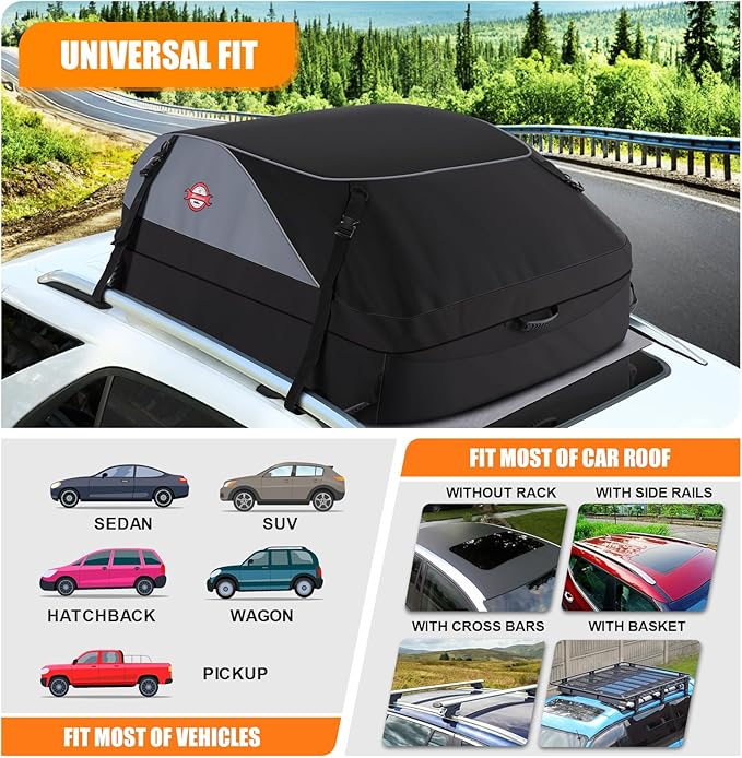 Sailnovo Car Rooftop Cargo Carrier Roof Bag, 15 Cubic feet Waterproof Roof Cargo Carrier fit car with/Without Luggage Rack - Vehicle Soft Shell Roof Cargo Box with Tie-Down Strap, Safety Hook