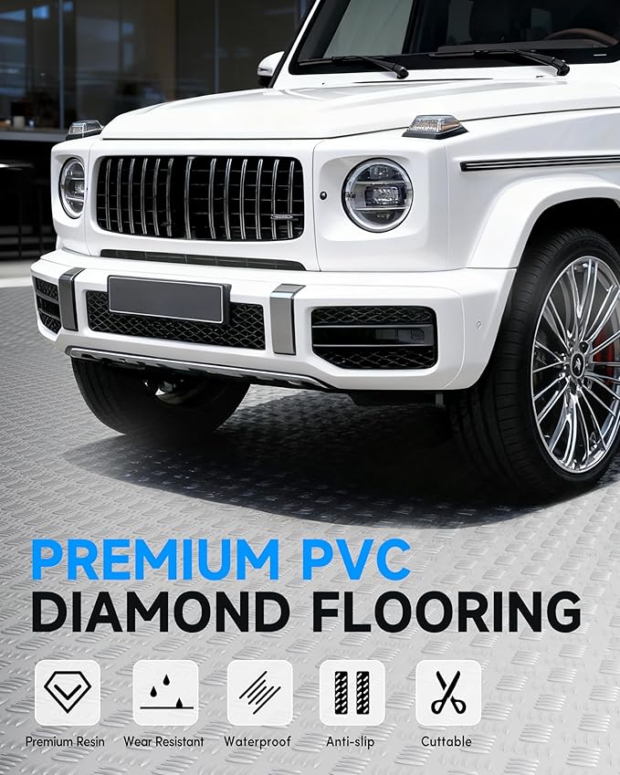 8x20 FT Garage Floor Mat, Thickened Ribbed PVC Garage Flooring Roll for Under Car Heavy Duty & Durable Non-Slip Waterproof Garage Floor Protector for Car, SUV, Pickup, Gym & Basement (Silver)