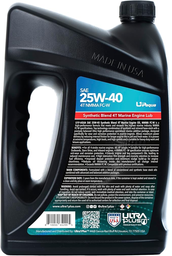 ULTRA 1PLUS SAE 25W-40 Synthetic Blend 4T Marine Engine Oil NMMA FC-W (4 Gallon)