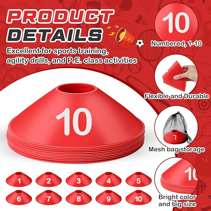 10 Pcs Numbered Sports Disc Cones 1-10 Soccer Cones with Mesh Carry Bag Flexible Agility Cones Soft Field Cones for Gym PE Classes School Activities Games, Sports Training Equipment