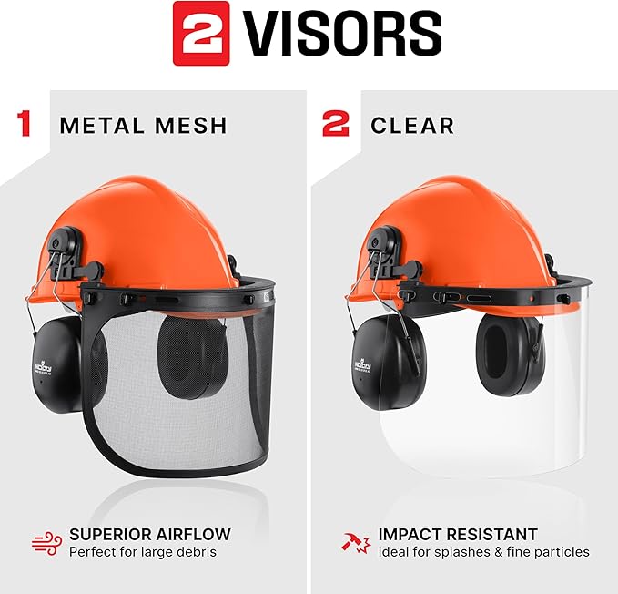 NoCry 6-in-1 Industrial Chainsaw Helmet with Face Shield and Ear Muffs — Mesh & Clear Plastic Visors Included — ANSI Z89.1 Certified — Adjustable Headgear — Ideal for Forestry and Arborist Work