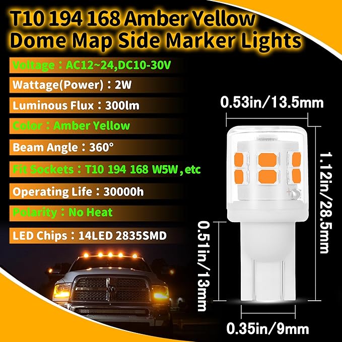 T10 194 921 912 LED Bulb Amber Yellow, Side Marker Lights T10 168 LED Bulbs for License Plate Light Dome Map Door Courtesy Interior License Plate Dashboard Car Lights,4Pack