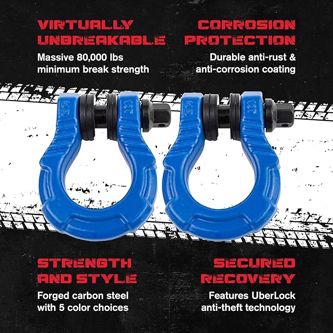 GearAmerica UBER Shackles with Anti-Theft Lock - 80,000 Lbs (40 T) Strength - Connect Tow Strap or Winch Line for Off-Road Recovery, Towing D-Rings and Uber Lock Security Pin - (Blue, 2 Pack)