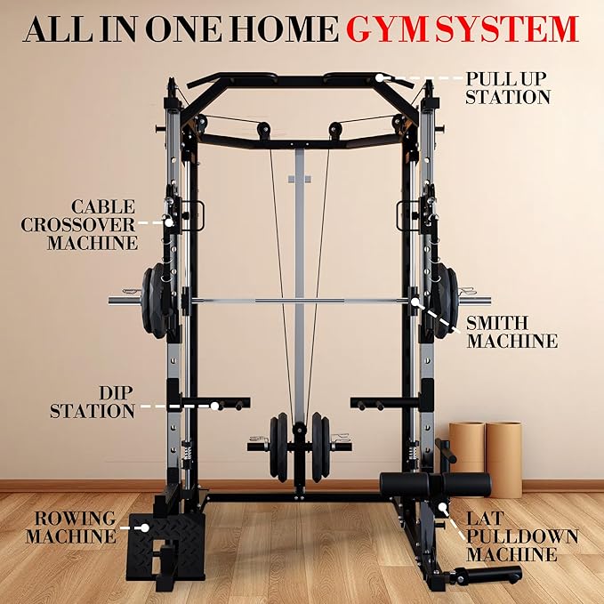 Power Cage, Multi-Functional Power Racks for Home Gym with Cable System, 1600LBS Weight Capacity Fitness Reality Squat Rack for Strength Workout with More Training Attachment,Black