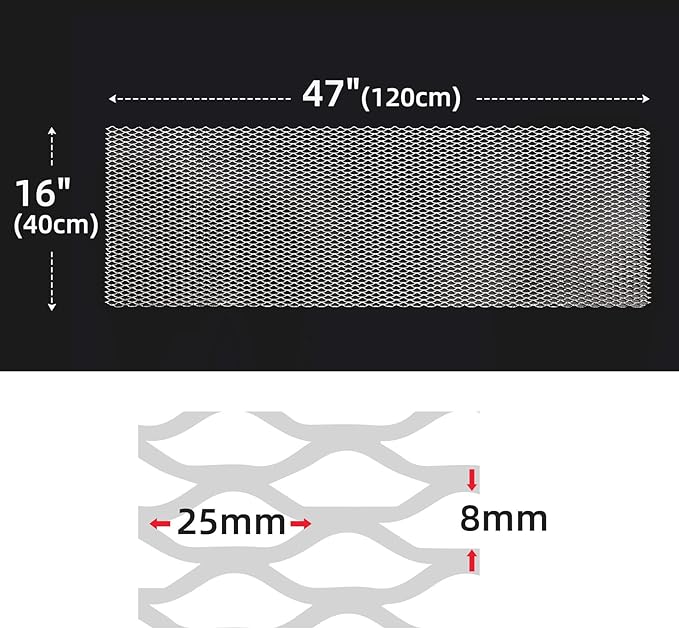 AggAuto 47x16 inches Car Pickup Truck Grill Mesh Spoiler Bumper Vent Aluminum Alloy Automotive Grille Insert Air Intake Racing Seagull Hole 8x25mm Silver