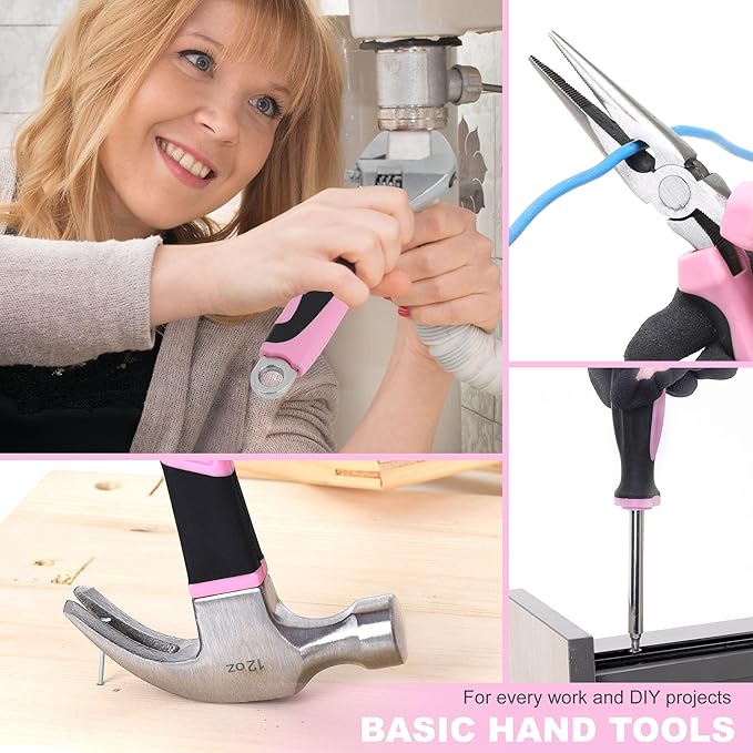 FASTPRO 267-Piece Pink Tool Set, Home Repairing Tool Kit with 13-Inch Wide Mouth Open Bag, Mechanics Hand Tool Kit for DIY, Home Maintenance