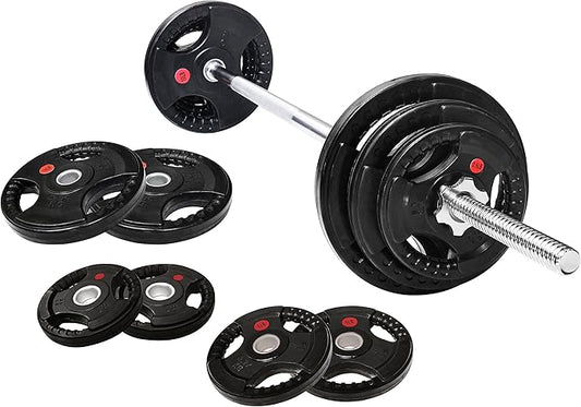 Cast Iron Standard Weight Plates Including 5FT Standard Barbell with Star Locks, 45-Pound Set (35 Pounds Plates + 10 Pounds Barbell), Multiple Styles