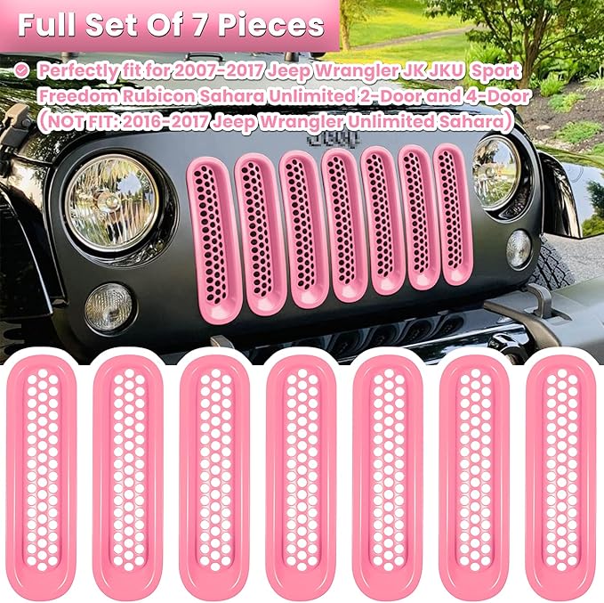 7PCS Front Grill Mesh Inserts for Jeep Wrangler JK JKU Unlimited 2007 2008 2009 2010 2011 2012 2013 2014 2015 2016 2017 2018 Grille Guard Cover Trim Clip-in Exterior Accessories (Matte Pink)