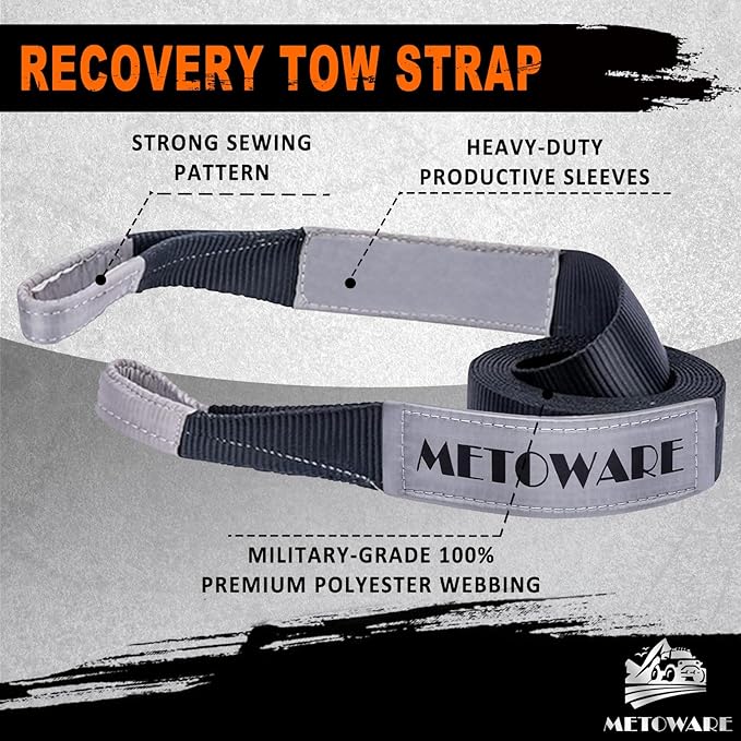 METOWARE Tow Strap 3'' × 30ft Recovery Strap, Heavy Duty Tow Straps with 35,000 lb Capacity, Recover Vehicle Stuck in Mud/Snow, Triple Reinforced Webbing, Extreme Water-Resistant (Gray)