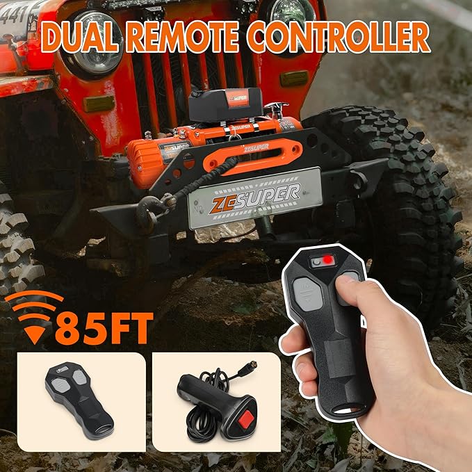 ZESUPER 13000 lbs Electric Winch Kit, IP68 Waterproof 12V Winch for Jeeps,Trucks,SUV, Synthetic Rope Winch with Wireless Handheld Remote, Corded Control, Hawse Fairlead,Hook