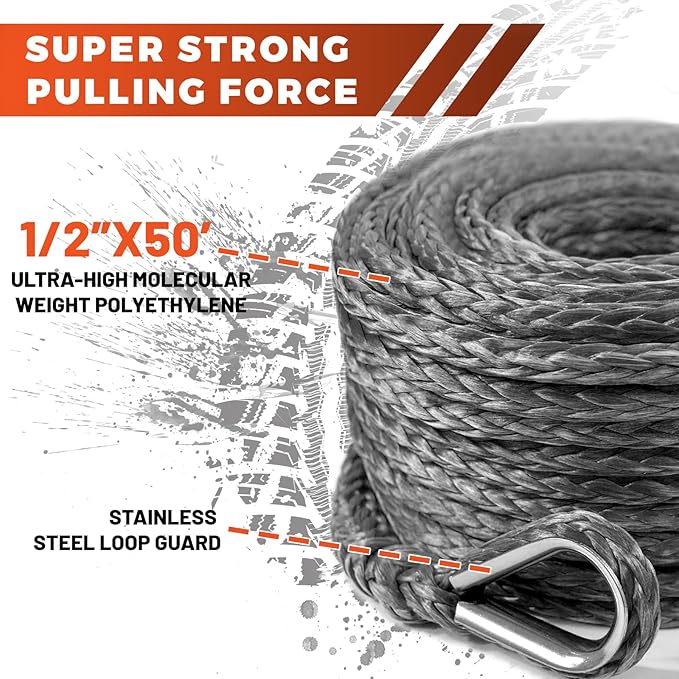 Winch Rope Extension, 1/2'' x 50ft 32,500Lbs Synthetic Winch Extension Rope, Winch Extension Line for Off Road Vehicle ATV UTV SUV Jeep (Gray)
