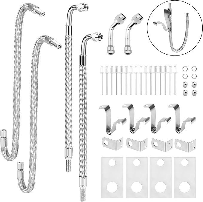 Dually Valve Stem Extenders Kit, Stainless Steel Braided Valve Stem Extension fits 16" to 19-1/2" Dual Wheels Tire Valve Extension for Most Cars Motorhome RVs Trailers Trucks