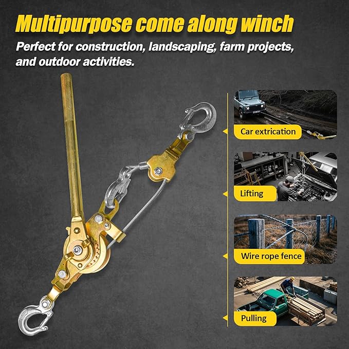 Come Along Winch Puller 3T 10FT, Cable Hoist Winch Puller with 2 Hooks, Come Along Tool Heavy Duty, Ratchet Puller for Lifting Pulling Construction Building