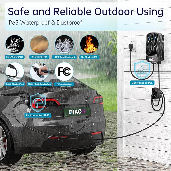 QIAO Level 2 EV Charger, Up to 40A Electric Car Charger, Wi-Fi Bluetooth APP Enabled EVSE, 4.3in Display, 25ft Cable, NEMA 14-50 Plug Charge Station Compatible with All SAE J1772 EV Models Black
