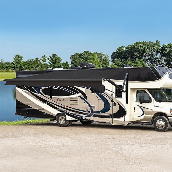 Awnlux Black Motorized Modular Retractable RV Awning Full Set Assemblies for RV, 5th Wheel, Travel Trailers, Toy Haulers, and Motorhome - RV Trailer Awning for Home or Camper - 12x8 Ft - Solid Black