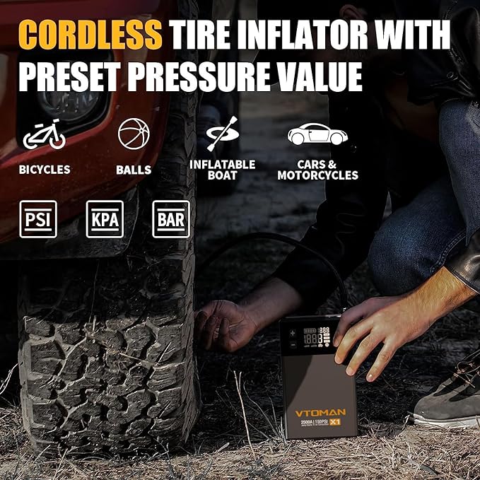 VTOMAN X1 Jump Starter with Air Compressor, Car Battery Jumper Starter (2500A, Up to 8.5L Gas/6L Diesel Engine) with 150PSI Auto Tire Inflator, 12V Portable Booster Pack, Lithium Jump Box Charger-Gray