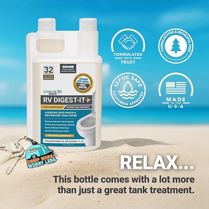 Unique RV Digest-It Ultra RV Toilet Treatment, 64 Uses - Eliminates Smells and Liquifies Waste, Easy-Measure Preventive Holding Tank Treatment, Package May Vary (32 oz, Pack of 2)