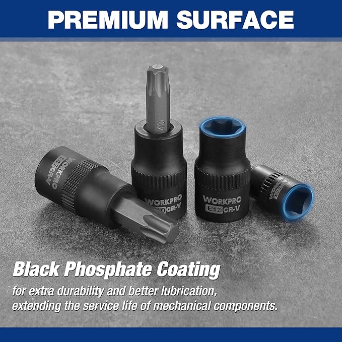 WORKPRO 25-Piece Torx Bit Socket Set, 1/4", 3/8", 1/2" Drive, E4-E22, T8-T60 Female & Torx Socket Set, CR-V & S2 Alloy Steel