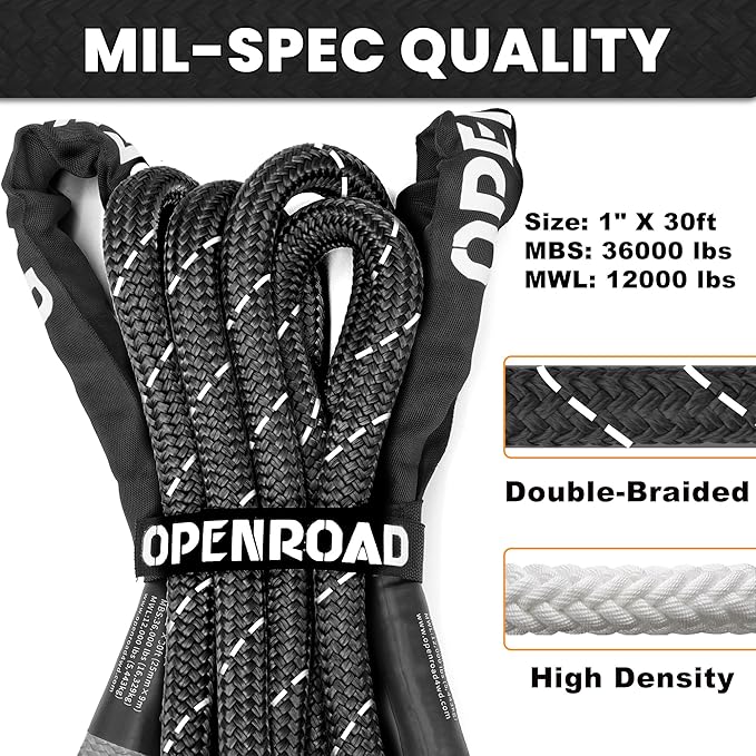 OPENROAD Kinetic Recovery Tow Rope, 4800 LBS (1in x 30ft with Soft Shackle) Extreme Duty 35% Elasticity Energy Offroad Snatch Strap, Vehicle Recovery Kit for Jeep Car Truck ATV UTV SUV