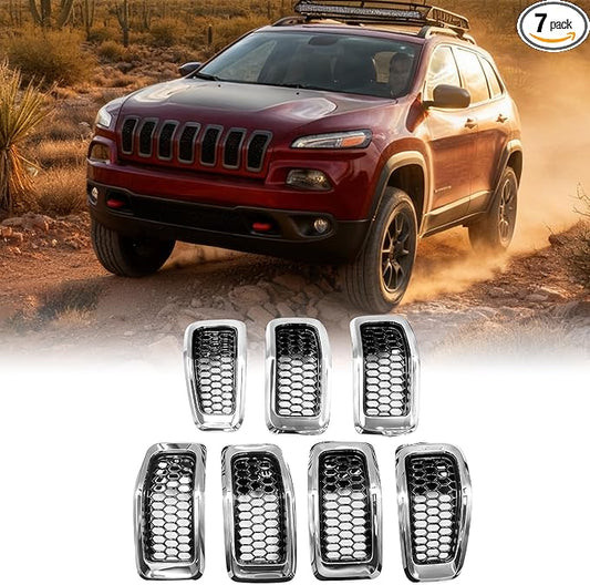 AggAuto Grill Mesh Insert Fit for Jeep Cherokee 2014 2015 2016 2017 2018, 7 Pcs Front Engine Guards, Chrome-Plated Cherokee Accessories