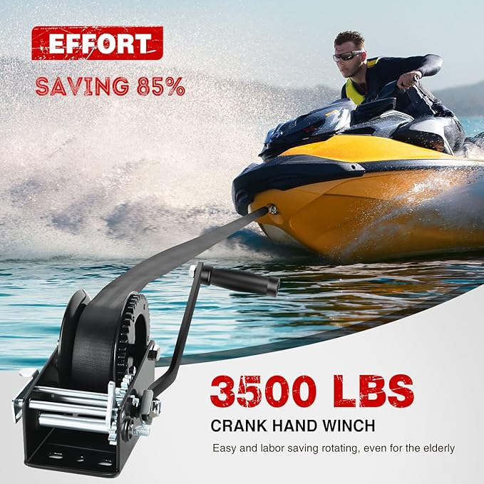 Nilight Boat Trailer Winch 3500 Lbs Hand Crank Winch Heavy Duty Boat Winches with 33Ft Strap Rope Hook Two Way Ratchet 4:1 8:1 Gear Portable Marine Manual Winch for Trailers Boat RV ATV Jet Ski Towing