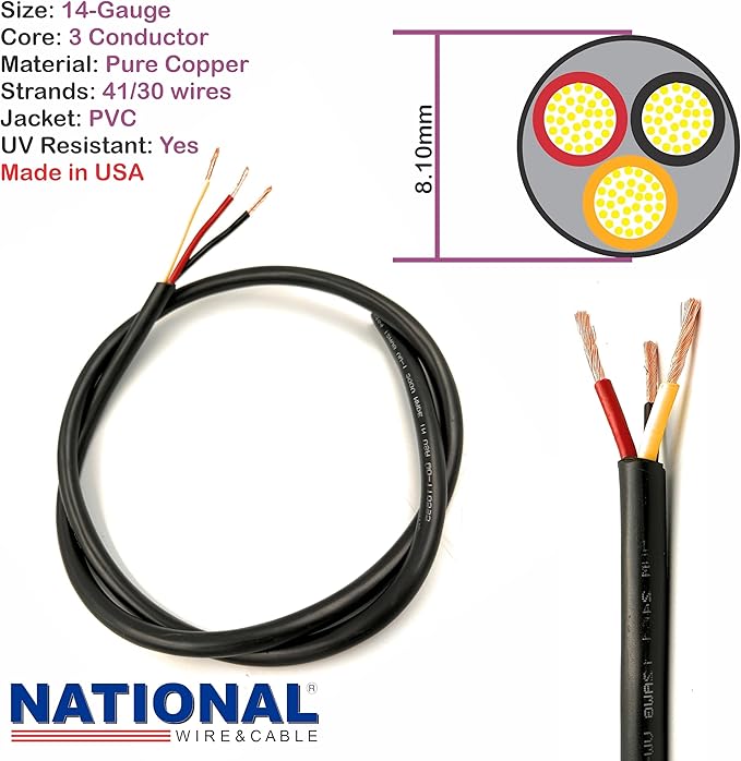 NATIONAL Wire & Cable – 14 AWG 3-Conductor Premium Copper Wire, 500 ft, Stranded | Made in USA, Heavy-Duty Flexible Jacket | Automotive, Low Voltage, LED, Lights, DIY, Indoor and Outdoor Use