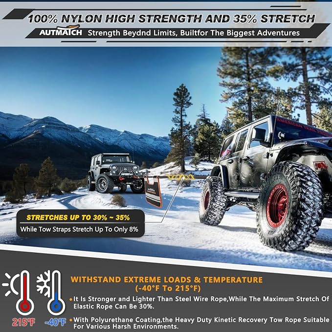 AUTMATCH Kinetic Recovery Tow Rope 7/8" x 30FT - Heavy Duty Energy Recovery Tow Rope 35000Lbs, 35% Elasticity Offroad Snatch Strap for 4x4 Off-Road Vehicle, Truck, Trailer, ATV, UTV, Black