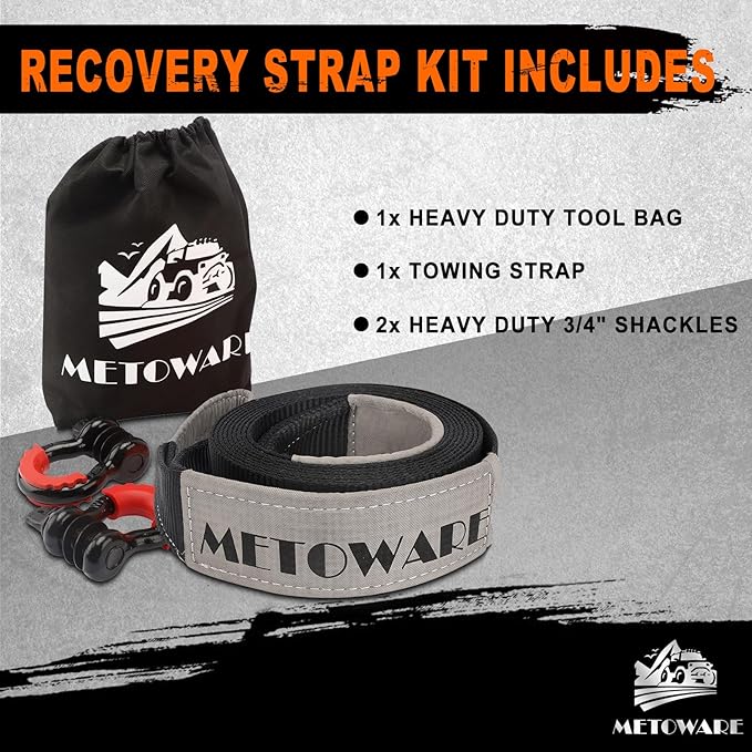 METOWARE Recovery Tow Strap Kit 3" x 20ft, Heavy Duty Recovery Strap 35,000lbs Break Strength with 3/4" D Ring Shackles(2pcs) & Storage Bag, Emergency Off Road Towing Rope for SUV, UTV, ATV, Truck