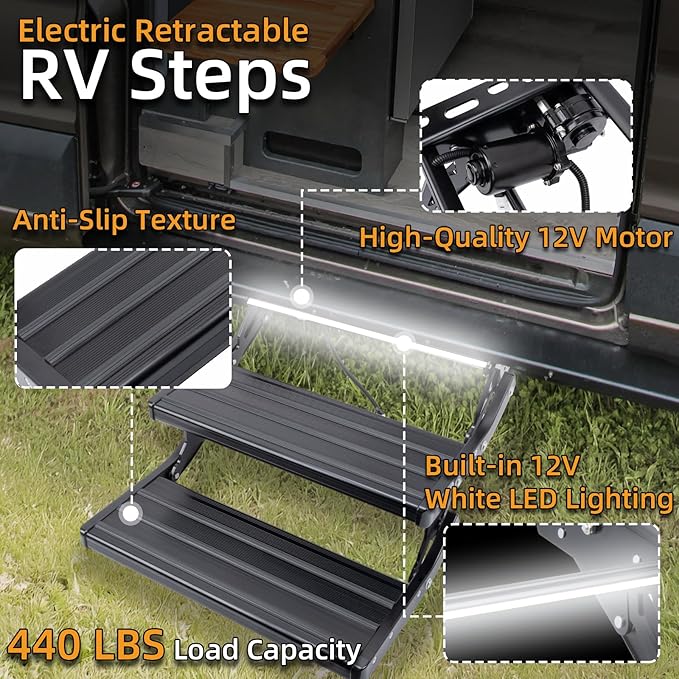 Electric RV Steps with LED Light, 2-Steps, 400 LBS Load Capacity, Foldable Aluminum Alloy Camper Steps, Thickened Steel Plate Trailer Steps, Non-Slip Design, Ideal for RV, Trailer, Camper, Black