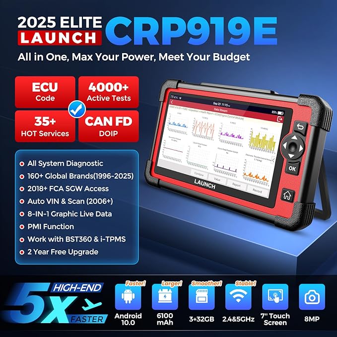 LAUNCH X431 CRP919E OBD2 Scanner, 2025 Bidirectional Scan Tool As CRP919EBT, ECU Code, 35+ Services, Active Test, All System Diagnose, CANFD & DOIP, FCA SGW, Android 10.0, 160+ Brands, 2 Year Update