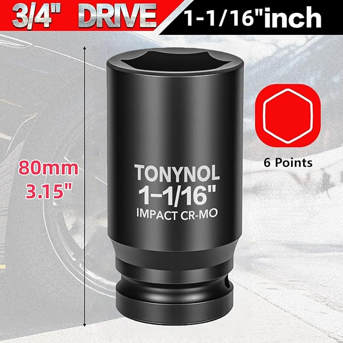 3/4" Inch Drive Deep Impact Socket,6-Point,SAE Size 1-1/16"",80mmL,CR-MO,Heavy-Duty Automotive & Industrial Repair