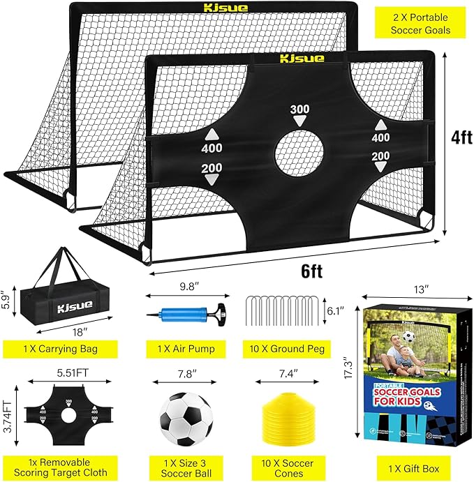 Kids Soccer Goals for Backyard Set, 2 of 6x4 ft Portable Pop Up Soccer Goal Training Equipment, Soccer Net with Target, Soccer Ball, Cones, Soccer Set for Kids Youth Toddler Sports Outdoor Games
