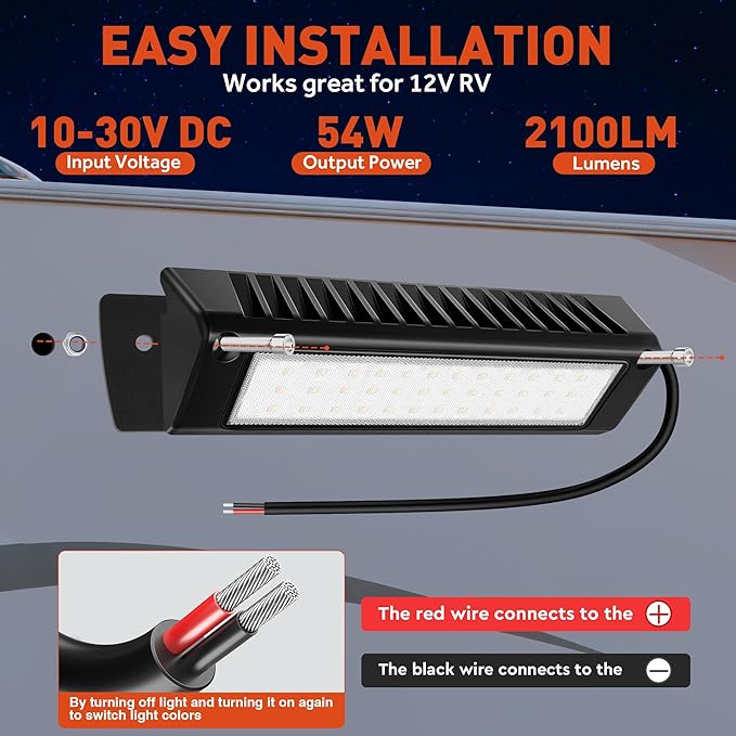 LED RV Exterior Porch Utility Light Waterproof 10-30V DC Low Current 9" Lighting Fixture 54W 2000LM Aluminum Base led Scene Lighting for RV, Trailer, Camper(6000K Nature Yellow White)