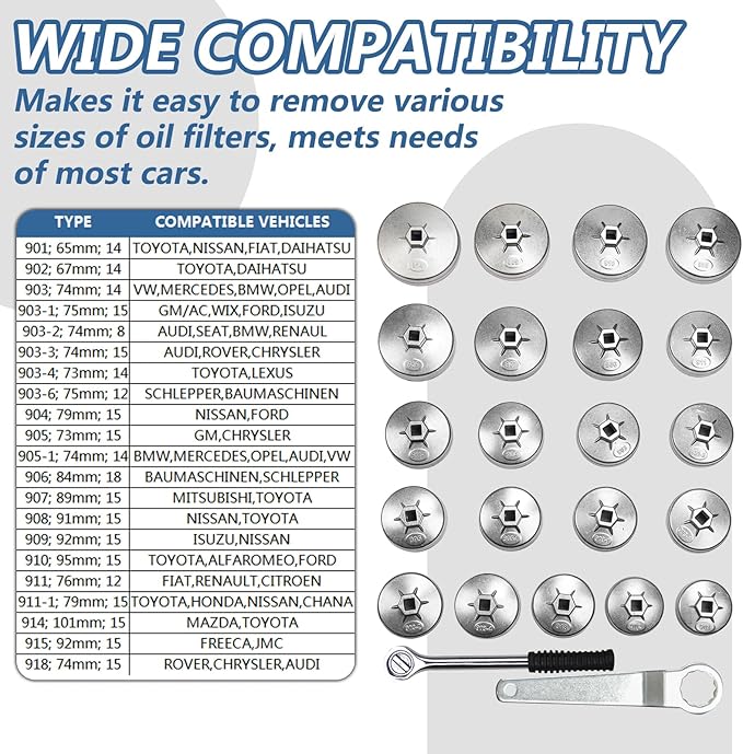 Oil Filter Wrench Set 23pcs Aluminum Alloy Cup Oil Filter Type Wrench Socket Removal Tool Set 1/2" Drive Oil Filter Removal Tool Kit Oil Filter Socket Set